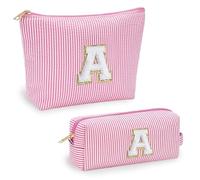 Jersries Personalised Make Up Bag Gift Set｜2Pcs Cute Striped Makeup Bag Large Capacity A-Z Initial Cosmetic Bags for Women Girls Teens Friend Sister Daughter Christmas Graduation Favours