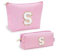 Jersries Personalised Make Up Bag Gift Set｜2Pcs Cute Striped Makeup Bag Large Capacity A-Z Initial Cosmetic Bags for Women Girls Teens Friend Sister Daughter Christmas Graduation Favours