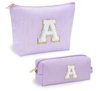Jersries Personalised Make Up Bag Gift Set｜2Pcs Cute Striped Makeup Bag Large Capacity A-Z Initial Cosmetic Bags for Women Girls Teens Friend Sister Daughter Christmas Graduation Favours