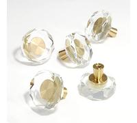 Jersvimc 6Pcs Acrylic Polygon Cabinet Knobs - Gold Lucite Knobs, Clear Glass Dresser Pulls Crystal Decorative Draw Knob Luxury Vanity Knob Solid Brass Furniture Pulls for Cupboard Kitchen Drawer