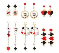 JERTOCLE 6 Pairs Queen Hearts Halloween Earrings for Women Red Heart Poker Card Dangle Earrings Halloween Queen Hearts Costume Women Accessories, One Size, Metal, No Gemstone