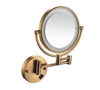 JERUI Antique Brass LED Light Makeup Mirrors 8"Round Dual Sides 3X /1X Mirrors Bathroom Cosmetic Mirror Wall Mount Magnifying Mirror