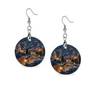 Jerusalem City Night Wooden Earrings Round Dangle Earrings for Travel Party