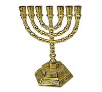 Jerusalem Menorah 7 Branch Temple Replica, 12 Tribes, Gold Plated, 4.5 inch