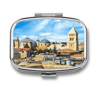 Jerusalem Old City Church_ Pill Box 2-Compartment Portable Pill Case Square Metal Medication Organizer Small Weekly Medication Case with Mirror Stylish Vitamin Holder for Purse Pocket Travel