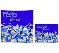 Jerusalem Passover Seder Matzo Cover and Afikoman Holder Set - Silk Screened Jerusalem City Design 3 Pocket 15" Square Matzah Holder, 8.5" Afikoman Bag Pesach Seder Dinnerware Decor by Zion Judaica