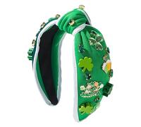 Jeruytgh St Patricks Day Headband Women - Decorative Green Shamrock Headband,Green Shamrock Knotted Hairband, Embellished Rhinestone Wide Top Hairhoop