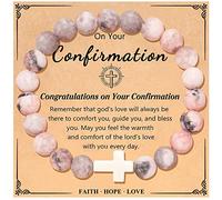 JERYAQTQ Confirmation Gifts for Teenage Cross Charm Beaded Bracelet for Women Men Relax Anxiety Jewelry Faith Gifts Catholic Sponsor Gift, 19.05 centimeters, Stainless Steel Agate stone, stone