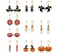 JeryWe 10 Pairs Halloween Clip On Earrings Set - Drop Dangle Earrings in Pumpkin, Black Cat, Skull, Skeleton, Lip, Ghost, Bat Themes for Non-Piercing