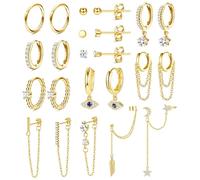 JeryWe 11 Pairs Dangle Hoop Earrings Set for Women Dangling Evil Eye Earrings Star CZ Bar Ball Stud Dangle Gold Chain Mini Huggie Hoop Dangly Stainless Steel Earrings Set(Gold)