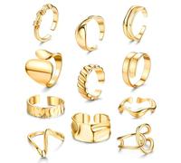 JeryWe 11PCS Adjustable Rings Set for Women,Chunky Finger Stackable Rings Gold Silver Plated Thick Open Rings,Knuckle Twisted Minimalist Rings Set