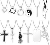 JeryWe 12pcs Cool Goth Necklace Set for Men Boy Silver Necklace Jewelry Gifts Funky Cross Dog Tag Yin Yang Triangle Pendant Chain Necklace Set