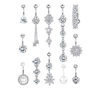 JeryWe 12Pcs Dangly Belly Button Bars Belly Button Piercing - Surgical Stainless Steel Gold Belly Bar 14g CZ Flower Belly Ring Piercing Silver Navel Piercing Jewelry Silver