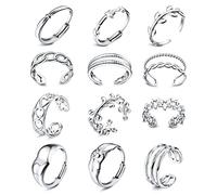 JeryWe 12PCS Stainless Steel Rings Set - Women's Silver Aesthetic Stackable & Adjustable Finger Rings (Size 6-9, Indie Style)