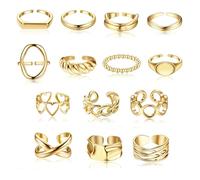 JeryWe 16 Pcs Gold Chunky Rings Set for Women - Adjustable Open Stackable Thick Rings | 18K Gold Plated Hypoallergenic Jewellery Gifts
