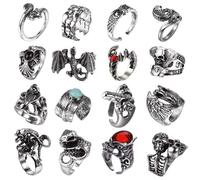 JeryWe 16 Pcs Vintage Punk Rings for Women Men Gothic Ring Snake Dragon Owl Skull Ring Hippie Biker Adjustable Rings Set