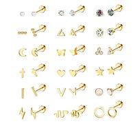 JeryWe 18 Pairs Flat Back Stud Earrings for Women 18G Stainless Steel Small Cartilage Studs Earrings Moon Star Opal Disc Ball CZ Helix Tragus Screw Back Piercing Set Gold Tone