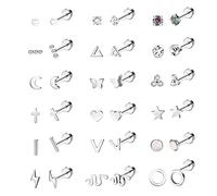 JeryWe 18 Pairs Flat Back Stud Earrings for Women 18G Stainless Steel Small Cartilage Studs Earrings Moon Star Opal Disc Ball CZ Helix Tragus Screw Back Piercing Set Silver Tone