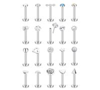 JeryWe 18G 20Pcs Threadless Push in Nose Stud Rings Lip Rings for WomenMen Flat Back Earrings Cz Ball Heart Stainless Steel Tragus Labret Helix CartilageEarrings Piercing Jewelry Set