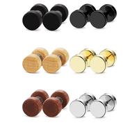 JeryWe 18G 6 Pairs Stud Earrings for Men Women Stainless Steel Flat Back Ear Piercing Ear Plugs Tunnel Fake Gauge Earrings Screw Wood Barbell Stud 6MM