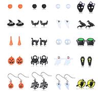 JeryWe 20 Pairs Halloween Stud Earring Sets Bat Cat Spider Pumpkin Stud Earrings Drop Dangle Earrings Set for Women Teens Halloween Theme Party Jewelry