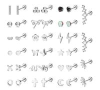 JeryWe 20 Pairs Stud Earrings for Women Men 20G Stainless Steel Tiny Cartlidge Earrings Stud Small Snake Star Moon Ball Butterfly Heart Screw Flat Back Stud Earrings Piercing Earrings Set(Silver)