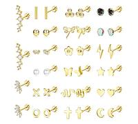 JeryWe 20 Pairs Stud Earrings for Women Men 20G Stainless Steel Tiny Cartlidge Earrings Stud Small Snake Star Moon Ball Butterfly Heart Screw Flat Back Stud Earrings Piercing Earrings Set(Gold)