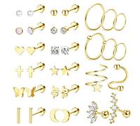 JeryWe 20G Surgical Steel Stud Earrings for Women Multipack Cartilage Earring Studs Hoops CZ Heart Star Flat Back Earrings Helix Piercing Jewelry gold