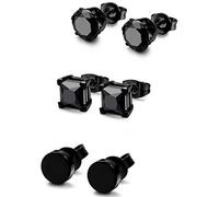 JeryWe 3 Pairs Black Stud Earrings for Men Women Cubic Zircoina Round CZ Stainless Steel Earrings (8mm)