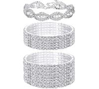JeryWe 3 PCS Rhinestone Stretch Bracelets for Women Bridal Shinning Wedding Strand Tennis Bracelet Set Stackable Shinning Crystal Jewellry Silver Tone