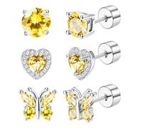 JeryWe 3Pairs 925 Sterling Silver Birthstone Earrings Flat Back for Women Girls Multicolor CZ Heart Butterfly Birthstone Hypoallergenic Stud Earrings for Birthday Gift Birthstone Jewellery(August)