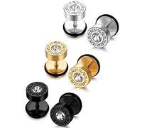 JeryWe 3Pairs Stainless Steel Mens Stud Earrings for Men Women Ear Piercing Plugs Tunnel Set Round CZ Fake Plug Stud Earrings Ears Screw Barbell Earrings Silver Gold Black