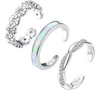 JeryWe 3Pcs 925 Sterling Silver Toe Rings for Women Adjustable 14K White Gold Plated Flower Twist Opal Band Rings Summer Beach Open Toe Rings Foot Jewelry Set Silver