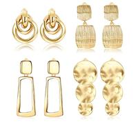 JeryWe 4 Pairs Gold Clip On Earrings for Women Dangle Statement Earrings Rectangle Tassel Teardrop Square Golden Metal Geometric Round Drop Pendant Non Pierced Dangle Earrings Set (Dangle)