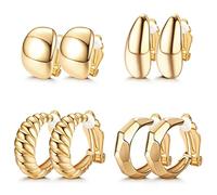 JeryWe 4 Pairs Gold Clip On Hoop Earrings for Women Girls Twist Chunky Geometric Round Huggie Hoop Clip on Earrings Non-Piercing Fake Earrings（Style1）