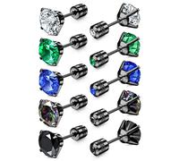 JeryWe 5 Pairs Titanium Earrings Women Men Screw Back Stainless Steel Stud Earrings, Rainbow 5A CZ Sleeper Stud for Sensitive Ears, Cubic Zirconia Studs Double Side Earrings Hypoallergenic