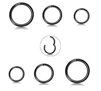 JeryWe 6PCS Surgical Steel Nose Rings Hoop for Men Women Hypoallergenic Septum Hinged Nose Ring Helix Cartilage Earrings Body Piercing 18G Diameter 6-12mm black
