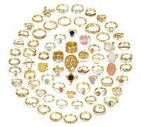 JeryWe 70 Pcs Vintage Crystal Ring Set Silver Knuckle Rings for Women,Bohemian Stackable Joint Rings, Retro Boho Stacking Joint Finger Rings Pack Gold Tone