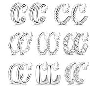 JeryWe 8 Pairs Clip On Hoop Earrings for Women 18K Gold Plated Chunky Hoop Earrings Twist Triple Square Geometric Fake Hoop Earrings Non Pierced Fake Earrings Set Rubber Pads Silver