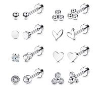 JeryWe 8 Pairs Stainless Steel Stud Earrings Set Flat Back Earrings for Women Men CZ Heart 18G Tiny Cartilage Earrings Tragus Daith Helix Ear Piercing Jewelry