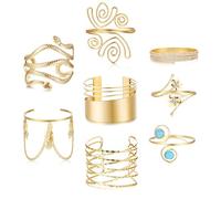 JeryWe 8Pcs Gold Arm Cuff Upper Arm Bands Cuff Bracelet for Women Minimalist Wire Flower Chain Snake Tennis Open Bracelets Coil Bangle Adjustable Armband Set