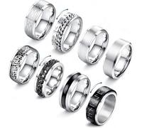 JeryWe 8Pcs Mens Rings Stainless Steel Rings for Men Women Spinner Fidget Ring Set for Anxiety High Polish Celtic Knot Chain Viking Rune Thumb Ring Black Silver Promise Engagement Wedding Band Size 10