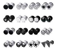 JeryWe 9-16Pairs Earrings Studs for Men Women Stainless Steel Round Silver Black Stud Earrings Fake Plug Stud Ears Screw Barbell Ear Plugs Faux Gauges Ear Tunnel 8MM