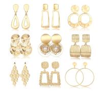 JeryWe 9 Pairs Clip on Drop Earrings for Women Dangling Rectangle Round Trapezoid Square Tassel Hoop Metal Geometric Indian Statement Earrings Clipon Earrings-Non Pierced Dangle Earrings Set(Gold)