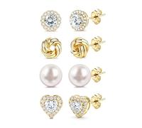 JeryWe 925 Silver Stud Earrings for Women Hypoallergenic - Non Tarnish 14K Gold Plated Earrings Set Dainty Knot Heart Big Cubic Zirconia Simulated Pearl Earring Stack 4 Pairs