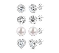 JeryWe 925 Silver Stud Earrings for Women Hypoallergenic - Non Tarnish 14K Gold Plated Earrings Set Dainty Knot Heart Big Cubic Zirconia Simulated Pearl Earring Stack 4 Pairs-Silver tone
