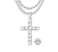 JeryWe 925 Sterling Silver Cross Necklace Men Women CZ Cross Chain Pendant Necklace Waterproof Stainless Steel Link Chain Silver Layered Necklaces Stack Jewelry 16-18 Inches