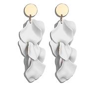 JeryWe Dangle Clip on Earrings for Women Girls Acrylic Long Rose Petal Non Pierced Clip Boho Drop Exaggerated Flower Earring Multicolor Statement Floral Tassel Earrings white