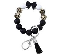 Jesemiah Beaded Wrist Keychain Bracelet for Women Leopard Silicone Beads Wristlet Car Key Holder Key Ring Bowknot Wristlet, Black, One Size