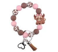 Jesemiah Beaded Wristlet Keychain for Women Cute Wrist Key Chain Leopard Silicone Key Ring Elastic Bowknot Cow Bracelet, Pink, One Size